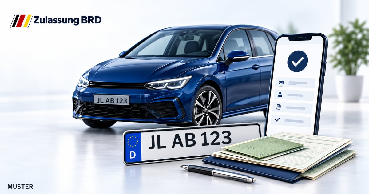 Online Fahrzeugzulassung in Landkreis Jerichower Land: Musterkennzeichen JL AB 123, Auto und Fahrzeugpapiere und Smartphone. Illustration mit Logo von Zulassung BRD.